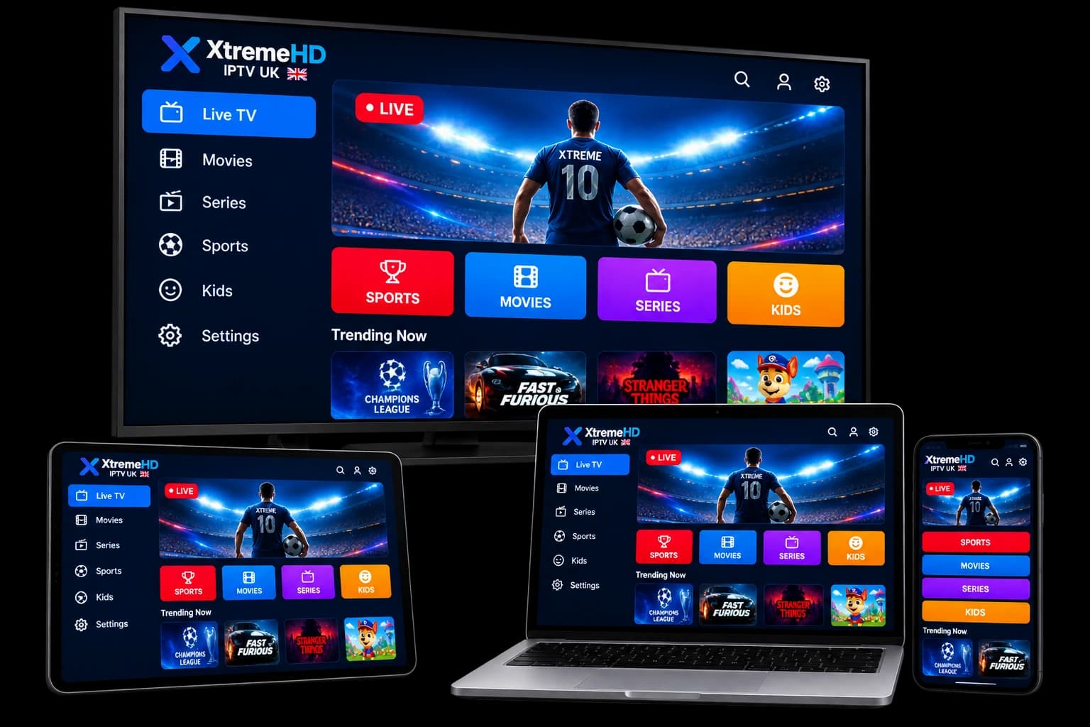 Xtreme HD IPTV UK streaming interface shown on a TV, laptop, tablet, and phone